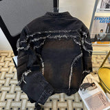 Retro Tassel Fringed Three-Dimensional Relief Denim Motorcycle Jacket Design Sense Jacket