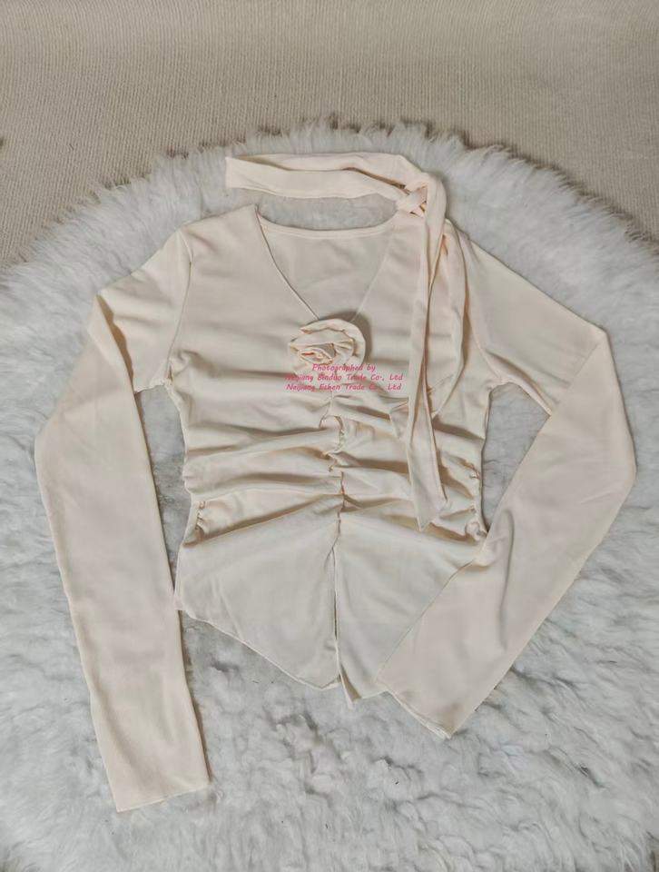 American Style Stitching Pleated Flower V-neck Long-sleeved T-shirt Women's Spring New Sweet and Hot Style Slim-fit Short Top