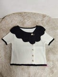 Contrasting Colors Graphic Tee Classic Ruffled Collar Tops for Women Comfortable Short-sleeved T-shirt