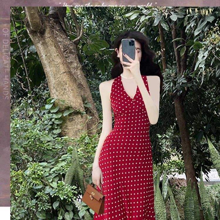 Women Burgundy White Polka Dot Maxi Dress Halter V Neck Tie Back Open Back Slim Bodycon Long Dress Vintage Summer Sundress