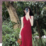 Women Burgundy White Polka Dot Maxi Dress Halter V Neck Tie Back Open Back Slim Bodycon Long Dress Vintage Summer Sundress