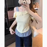 2026 Summer Cold Shoulder Patchwork Short Sleeve T-Shirt Women Fashionable Ruched Waist Asymmetrical One Shoulder Top
