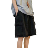 Summer Blue Trendy Washed Casual Baggy Pants Big Flap Pocket Loose Straight Men Denim Shorts