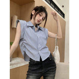 Stripe Chiffon Shirt Casual Tops for Women Loose-fit Short-sleeved Blouse