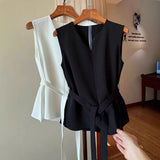 New Solid Notched V-Neck Sleeveless Top, Women Casual Blouse