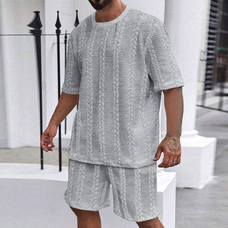 Men's Casual Textured 2 Piece Outfit, 2026 New Arrival Crew Neck Short Sleeve T-Shirt & Drawstring Shorts Set