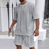 Men's Casual Textured 2 Piece Outfit, 2026 New Arrival Crew Neck Short Sleeve T-Shirt & Drawstring Shorts Set