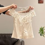 Women's Light Yellow Square Neck Tie Front Puff Sleeve Slim Fit Blouse Summer Casual Tops