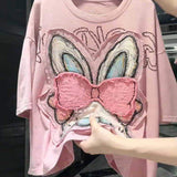 2026 Summer New Arrival Plus Size Women Heavy Patch Print Short Sleeve T-Shirt Loose Fit Figure Concealing Versatile Casual Tops