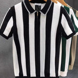 Men Hollow Out Vertical Stripe Knit Half Zip Collar Short Sleeve Breathable Mesh Knitted T Shirt for Summer Casual Business