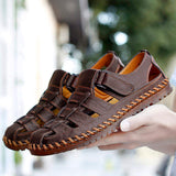 Premium Handcrafted Men's Roman Style Leather Sandals Adjustable Hook & Loop Flat Leather Sandals
