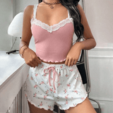 Lace-Trim Cami & Floral Print Sleep Shorts Set - V-Neck Floral Sleepwear with Elastic Waist Shorts