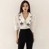 Turn-down Collar Blouse Single-breasted Long - Sleeved Shirt Puff Sleeve Woman's Shirt