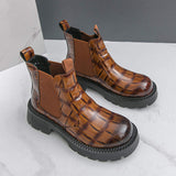 Brown Black Plaid Durable Pointed Toe Ankle Height Comfortable Chelsea PU Leather Boots Classic Men Dress Shoes