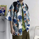 Retro Hong Kong Style Hawaiian Floral Shirts Unisex Loose Short Sleeve Couple Tops for Men Women Summer Beach