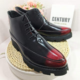 Pointed Toe Fashion Zip up Classic Dress Shoes Comfortable Red Color Lace up Men Casual PU Leather Boots