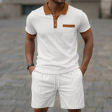 Men's Waffle Knit Two Piece Set Contrast Collar Polo Shirt & Drawstring Shorts Casual Summer Tracksuit