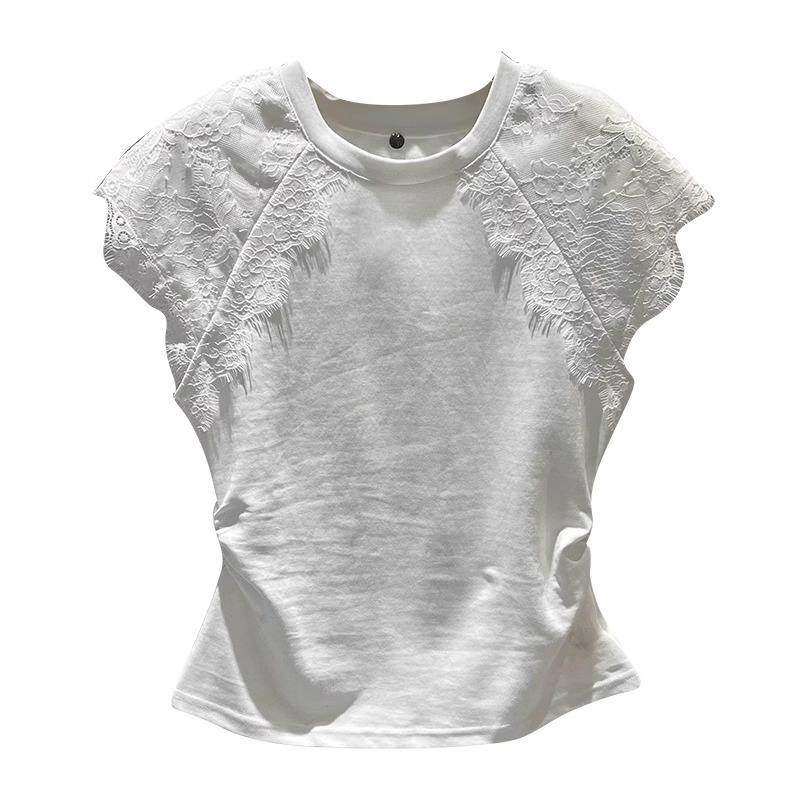 Women Round Neck Lace Cap Sleeve T Shirt Side Ruched Slim Fit Solid Color Casual Blouse