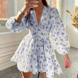 Women's Casual Summer Dress Sexy V Neck Long-Sleeved Dress Flowy Ruffle Trendy Short Mini Dresses