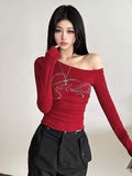 2026 Wholesale Trendy Letter Hot Diamond Oblique Collar Shoulder Long-sleeved T-shirt Women's Pleated Spice Top