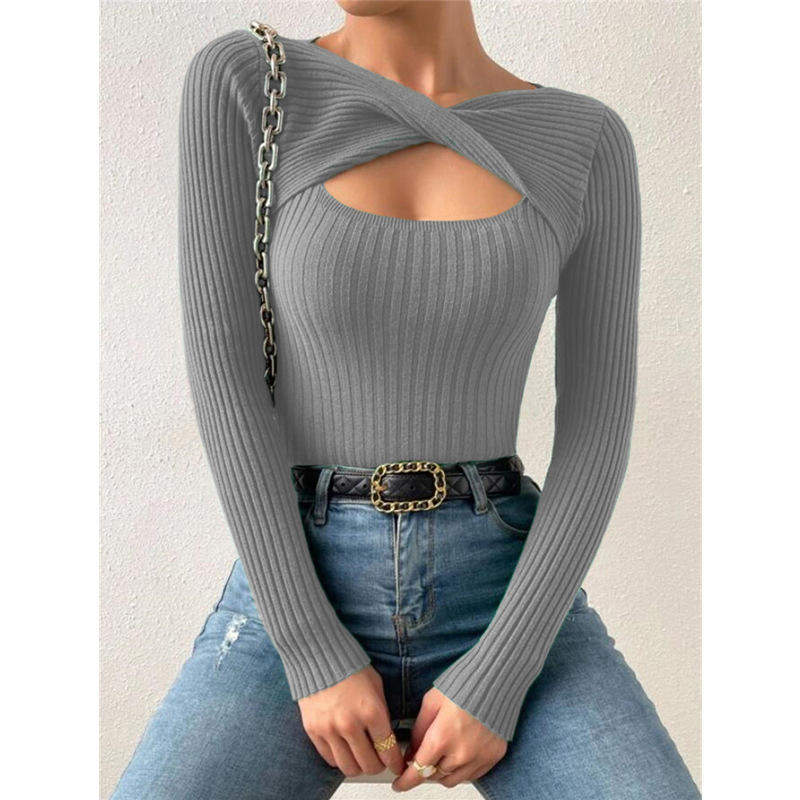 Women Twisted Cross Front Cut Out Ribbed Knit Top Long Sleeve Hollow Slim Fit Solid Multi Color Stretch Casual Knitted Blouse