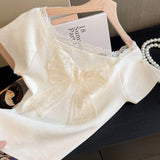 Women's White Lace Bow Square Neck Knit Top Short Sleeve Slim Fit Elegant Casual Blouses