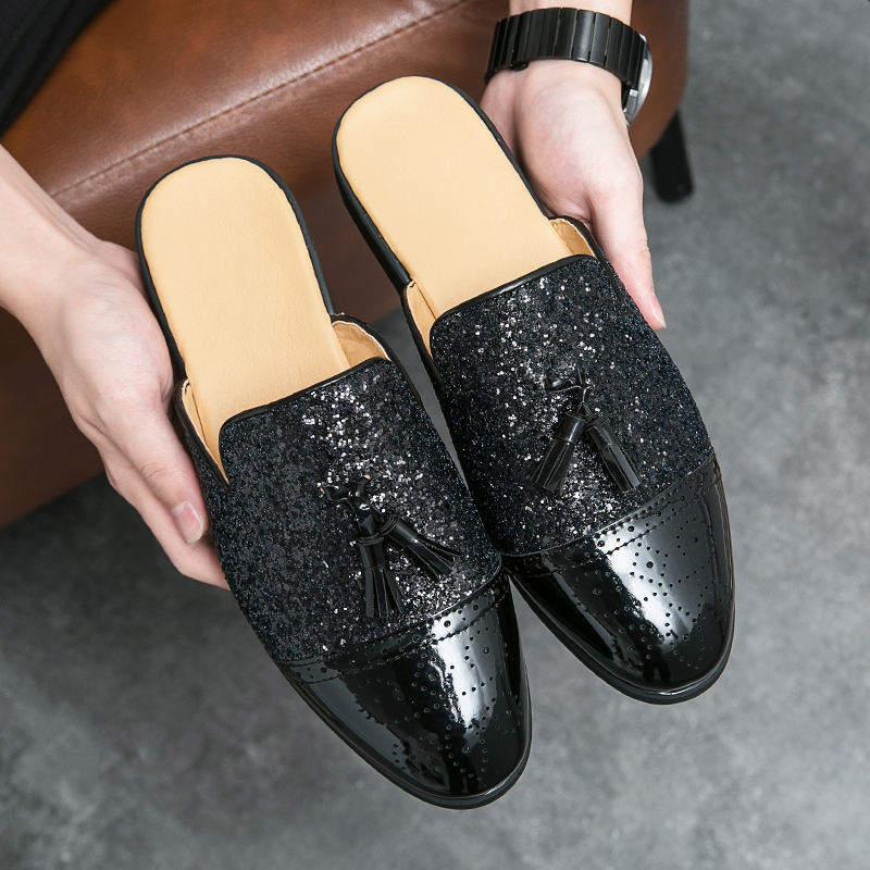Brogue Design Glitters Tassels Loafers Fashion Golden Color Men Dress Shoes Half Loafers