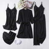 Women's Summer Satin Silk-Like 5-Piece Loungewear Set - Sexy Camisole Nightgown with Built-in Bra Pads & Robe