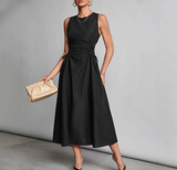 Women Sleeveless Round Neck Satin Midi Dress Side Drawstring Ruched Waist Elegant Party Wedding Guest Dress