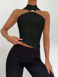 Women Metal Ring Halter Neck Crop Top Twisted Front Sleeveless Fitted Tank Top Casual Daily Camisole