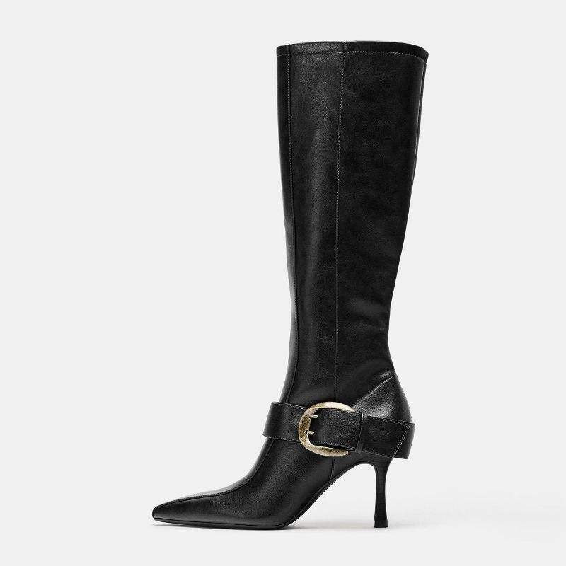 Botas Women's Pointed Toe Knee High Boots Stiletto Heel Buckle Strap Leather Dress Boots