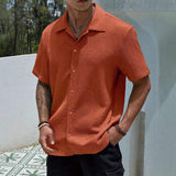 Men Solid Wrinkle Textured Short Sleeve T-Shirt Lapel Collar Button Down Breathable Loose Casual Summer Blouse
