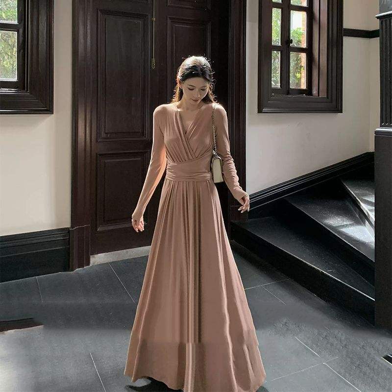 Women V Neck Wrap Maxi Dress Long Sleeve Ruched Waist High Waist Flowy Big Swing Floor Length Elegant Casual Long Dress