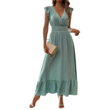 Women Summer V Neck Ruffle Sleeveless Midi Dress Elastic Waist Pleated Chiffon Long Dress Elegant Ruffle Hem Maxi Dress