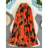 Women Vintage Floral Print Pleated Skirt High Waist Elastic Waistband Flowy a Line Long Maxi Skirt Casual Elegant Ladies Skirts
