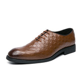 Lace up Checkerboard Pattern Pointed Toe Dress Shoes Durable Fashion Wholecut PU Leather Oxfords Shoes