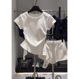 Korean Hot Girl Short Sleeve Tee, Round Neck Regular Shoulder, Irregular Ruffled Stylish Top