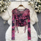 Tie-dye Base Shirt Mesh Drawing Rope Long Sleeve Base Shirt Versatile Chiffon Shirt