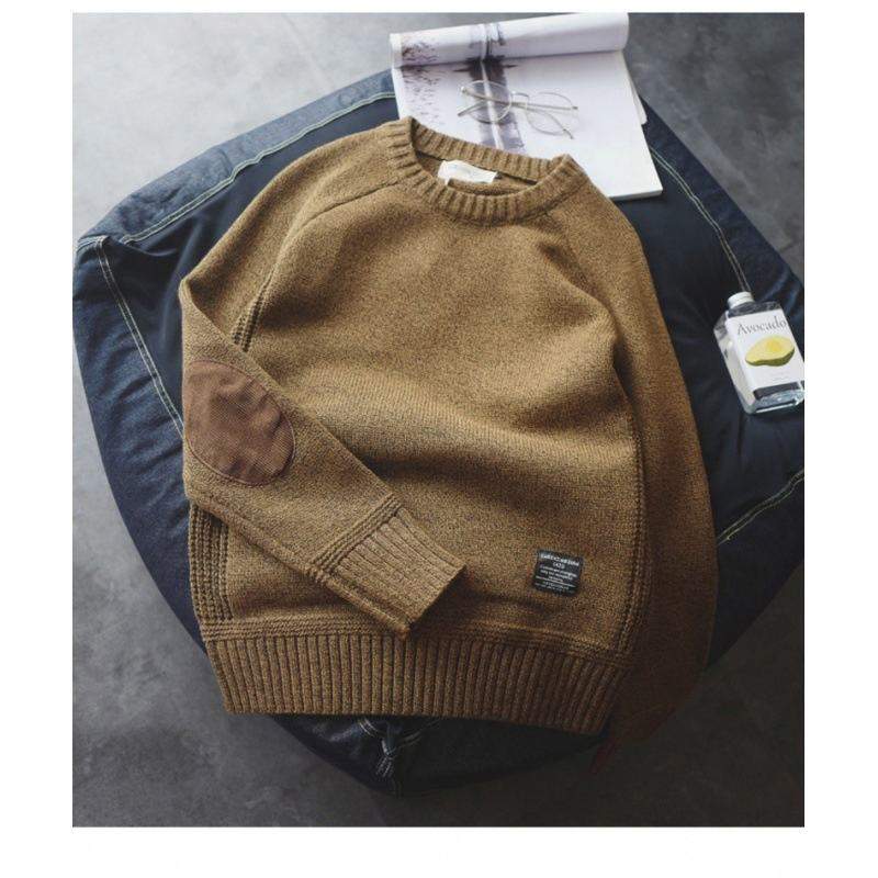 Wholesale Knitwear Soft Men's Knit Top Jumper Pullover Crew Neck Elbow Patches Solid Winter Warm Knitted Sweater