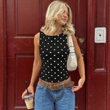 Polka Dot Sleeveless Crop Tank Top Women Crew Neck Stretch Slim Bodycon Vest