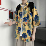 Retro Hong Kong Style Hawaiian Floral Shirts Unisex Loose Short Sleeve Couple Tops for Men Women Summer Beach