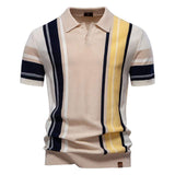 Men Color Block Vertical Stripe Knitted Polo Shirt Short Sleeve Slim Fit Casual Top