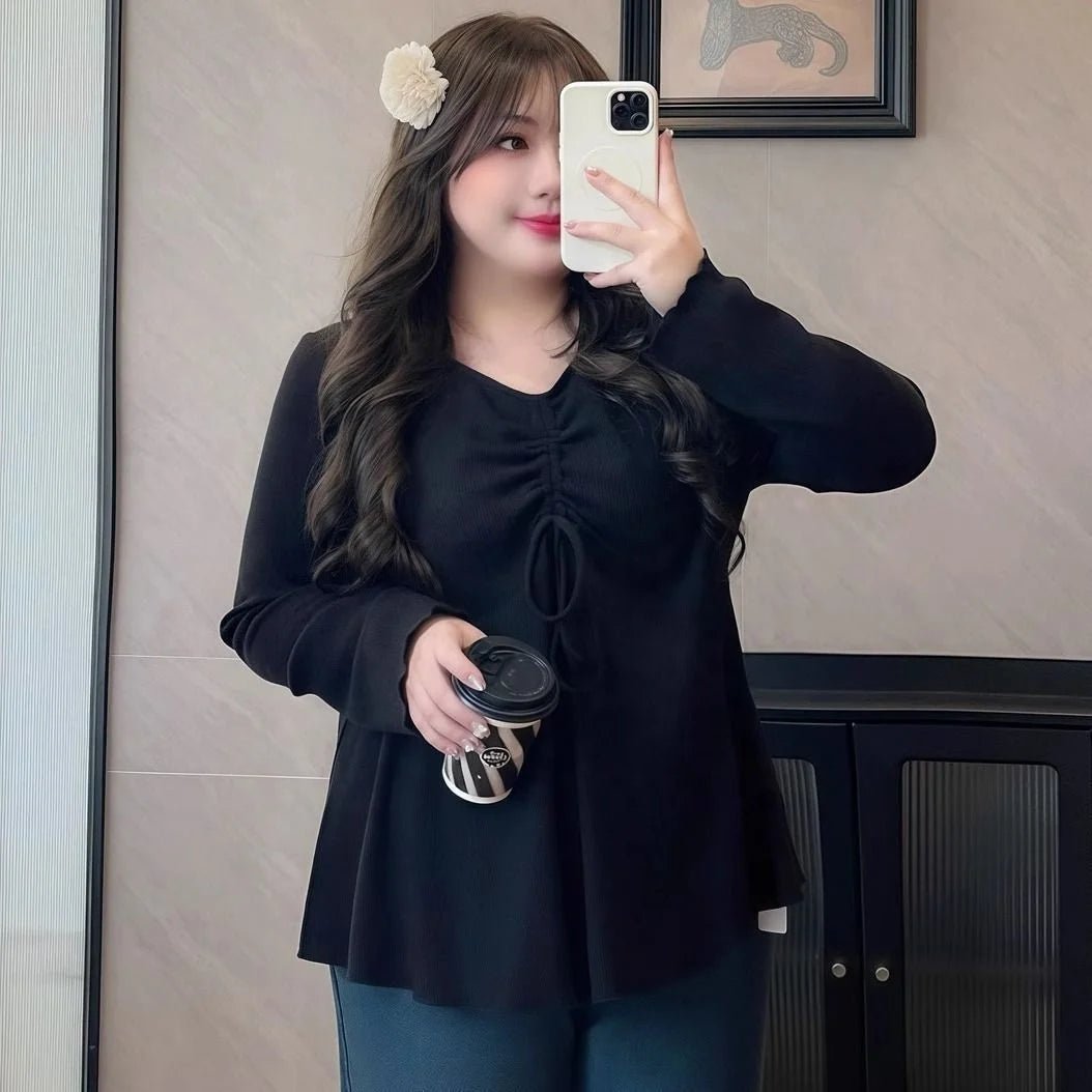 4xl Autumn and Winter Women's New Plus Size Elegant Style T-shirt V - neck Slim Fit Short Sleeved Top - Zeprah