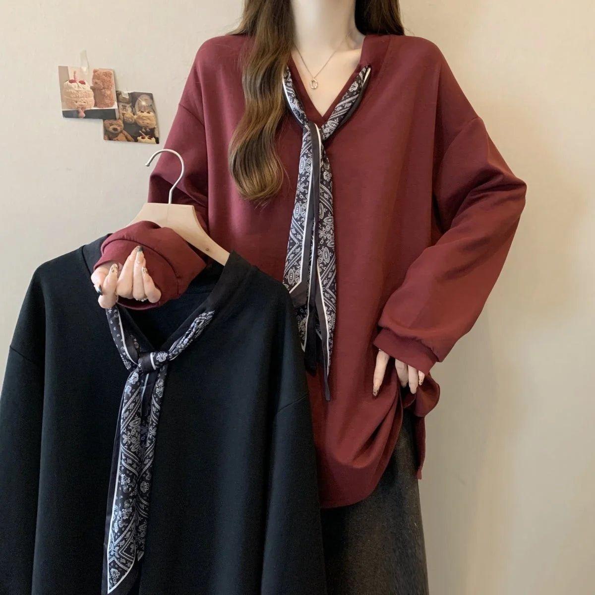 4xl Large Size Design Sense Lace - up V - neck Long - sleeved T-shirt Women's Spring and Autumn New Loose Slim Outer Wear Base Shirt - Zeprah