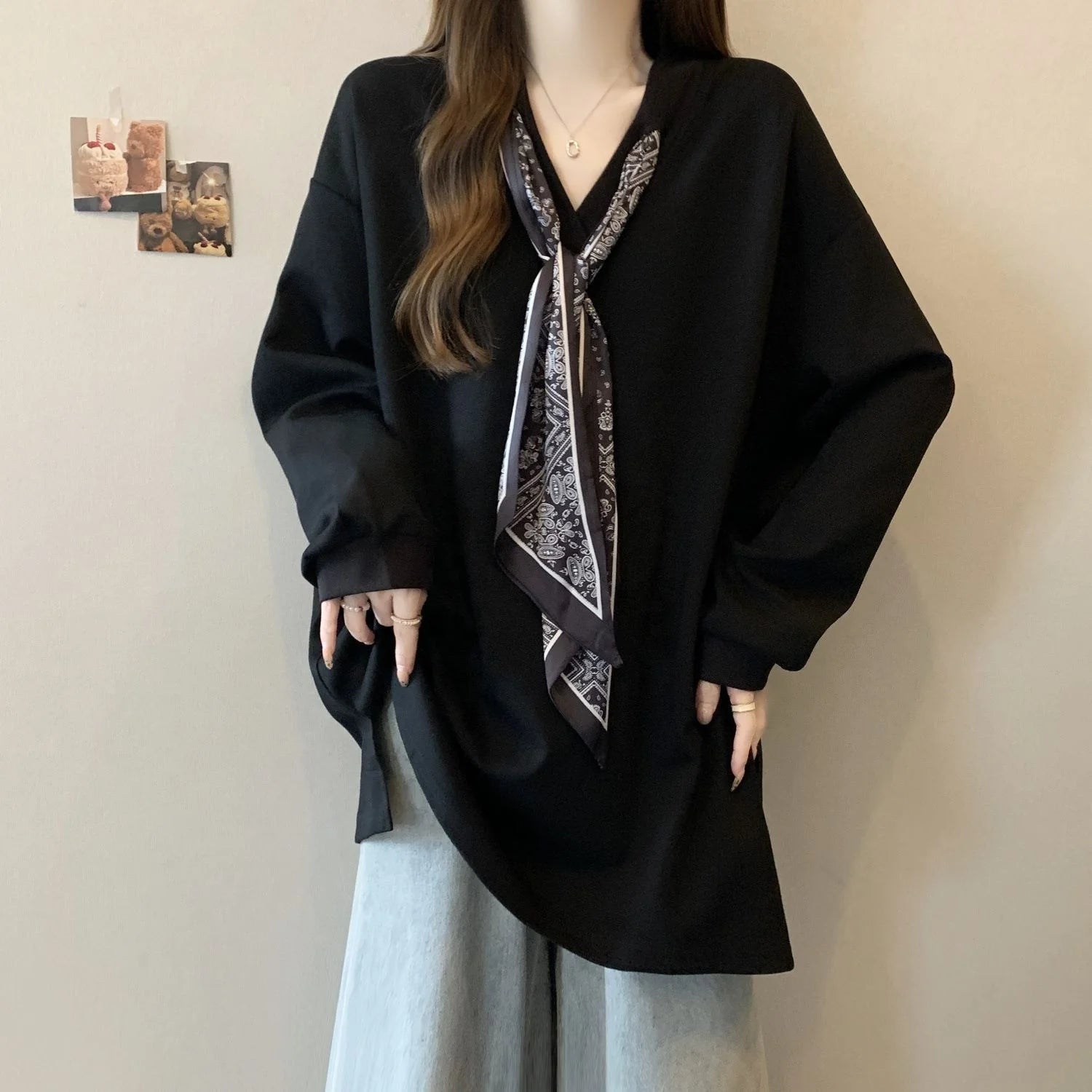 4xl Large Size Design Sense Lace - up V - neck Long - sleeved T-shirt Women's Spring and Autumn New Loose Slim Outer Wear Base Shirt - Zeprah