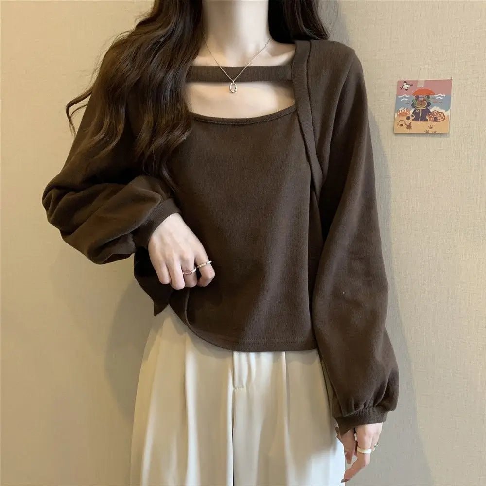 4xl Large Size Long - sleeved T-shirt Women's Spring and Autumn Design Hollow Square Collar Inner Top Base Shirt - Zeprah