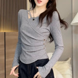 4xl Women's Trendy Long Sleeve T-Shirt Slim Fit Waist Spring Autumn Winter Anti - Pilling Fashionable Plain Dyed Knitted Top - Zeprah