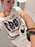 Women Off Shoulder Slant Neck Star Letter Print Crop T Shirt Vintage American Short Sleeve Casual Tee Top