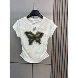 New Design Summer Short-sleeved T-shirt Women's Butterfly Embroidered Denim Pic Design Unique Tops for Women