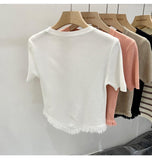 Ice Silk Graphic Tee Knitting Tops for Women Hem Fringe Short-Sleeved Tee